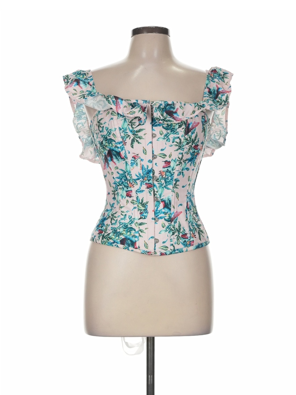 Floral Ruffle Off-Shoulder Corset Top - White & Teal